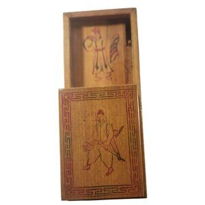 Vintage Wooden Sliding Top Cigarette Box With Hand-Painted Oriental Design